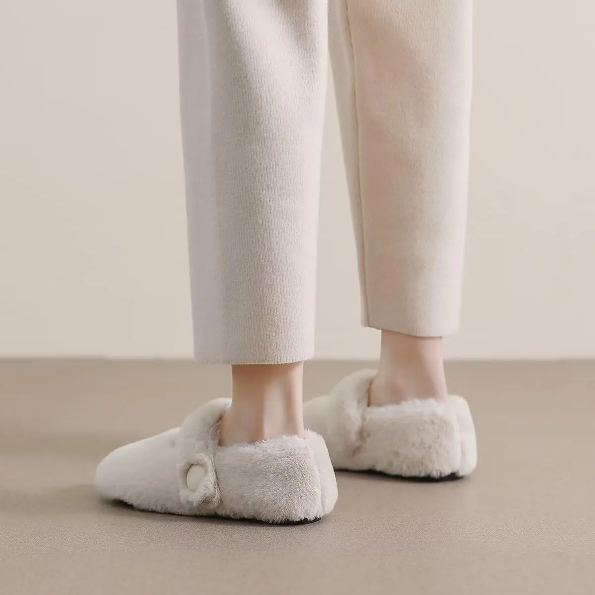 Women Winter Furry Mary Jane Shoes Warm Artificial Lamb Wool Flats Ankle Strap Ladies Indoor and Outdoor Dress Office Bedroom Casual Shoes