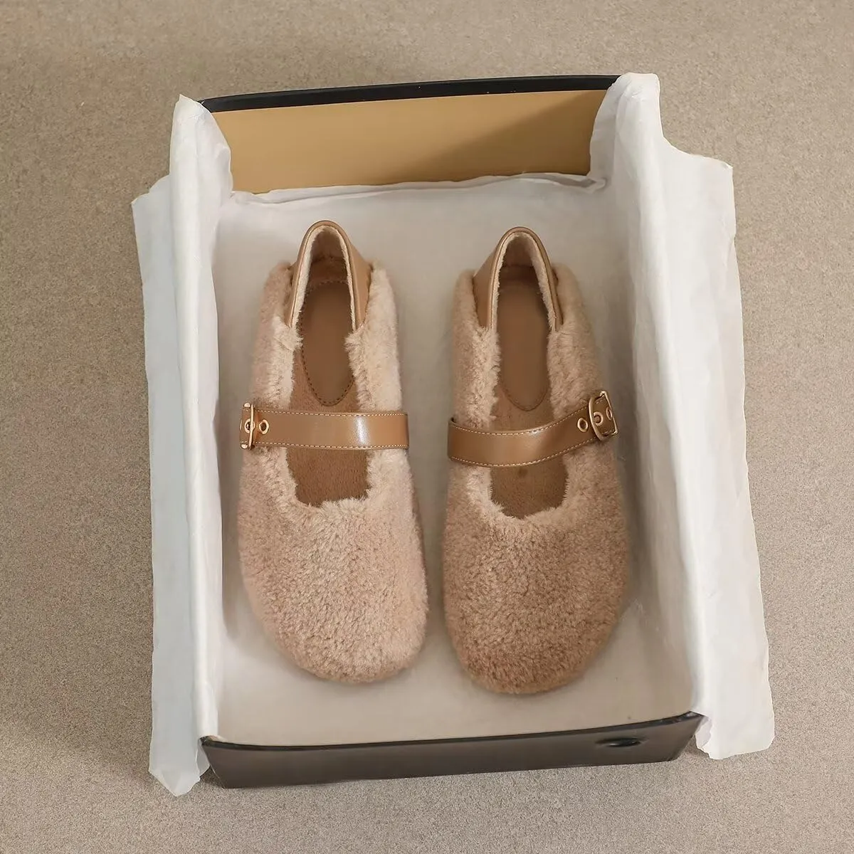 Women Winter Furry Mary Jane Shoes Warm Artificial Lamb Wool Flats Ankle Strap Ladies Indoor and Outdoor Dress Office Bedroom Casual Shoes