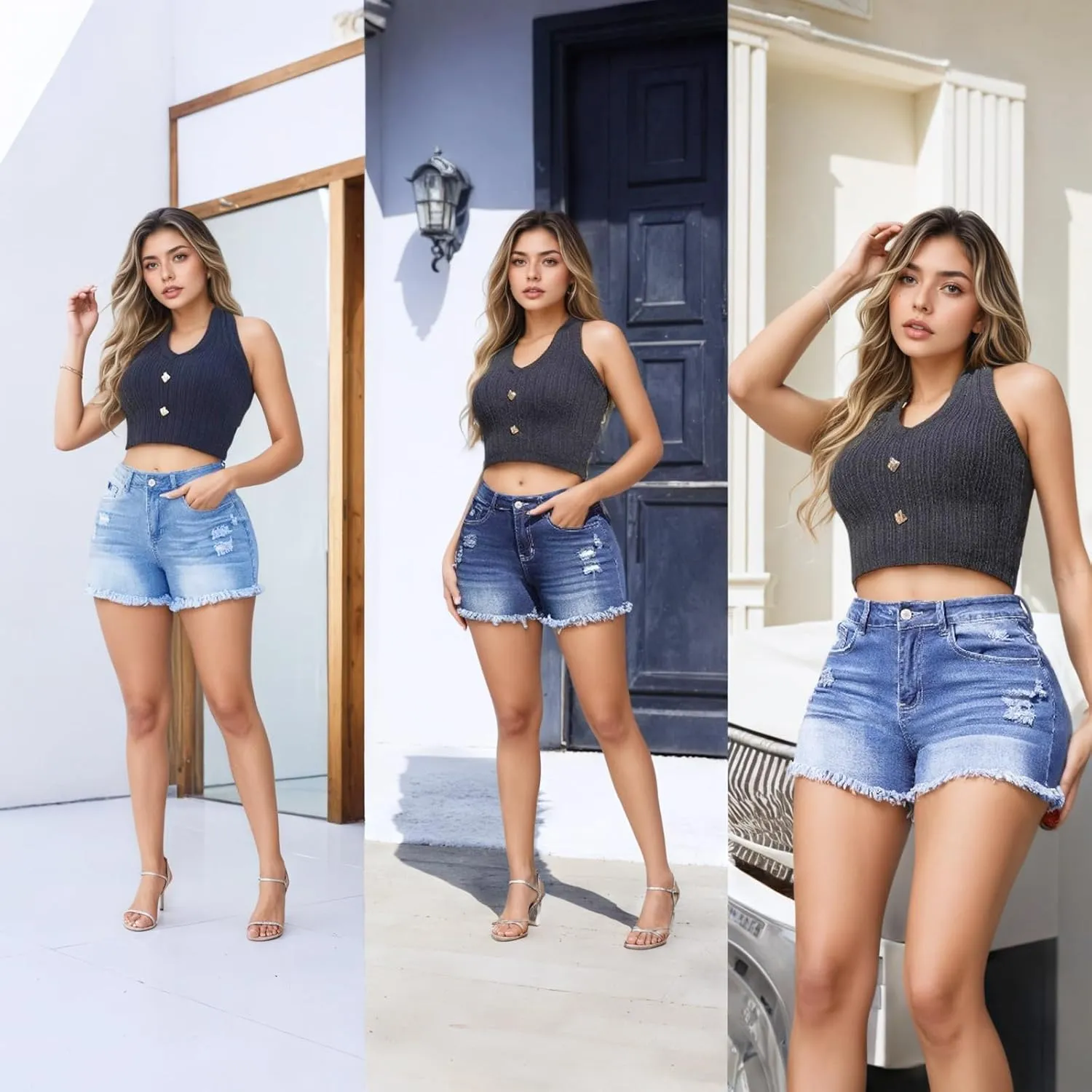 Women Y2K Fringe Jean Shorts High Waisted Stretchy Sexy Cowgirl Denim Jorts Ripped Frayed Hem Trendy Streetwear