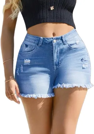 Women Y2K Fringe Jean Shorts High Waisted Stretchy Sexy Cowgirl Denim Jorts Ripped Frayed Hem Trendy Streetwear
