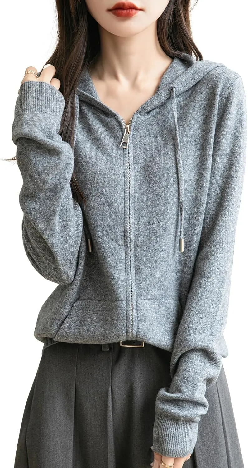 Women's 100% Merino Wool Zip Up Hoodies 2025 Fall Winter Warm Long Sleeve Knit Sweatshirt Cardigan with Pocket