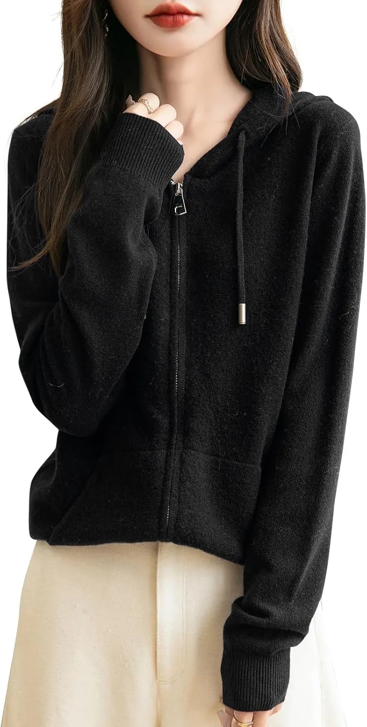 Women's 100% Merino Wool Zip Up Hoodies 2025 Fall Winter Warm Long Sleeve Knit Sweatshirt Cardigan with Pocket
