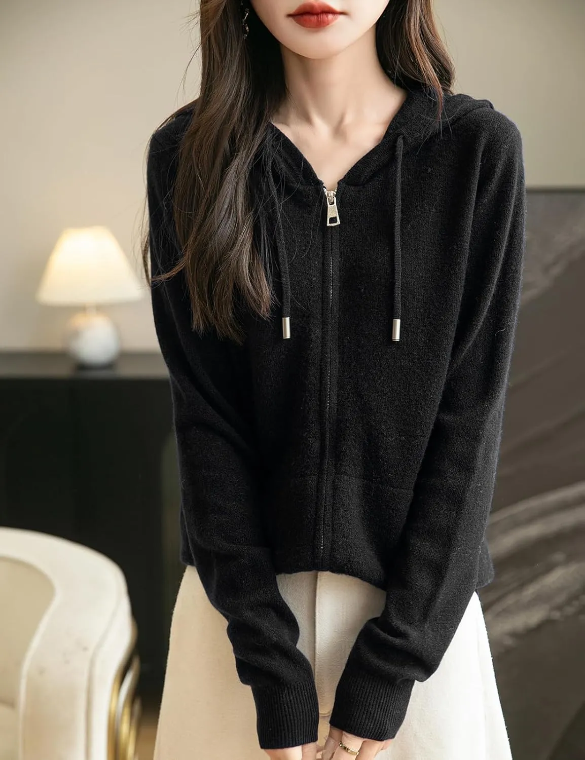 Women's 100% Merino Wool Zip Up Hoodies 2025 Fall Winter Warm Long Sleeve Knit Sweatshirt Cardigan with Pocket