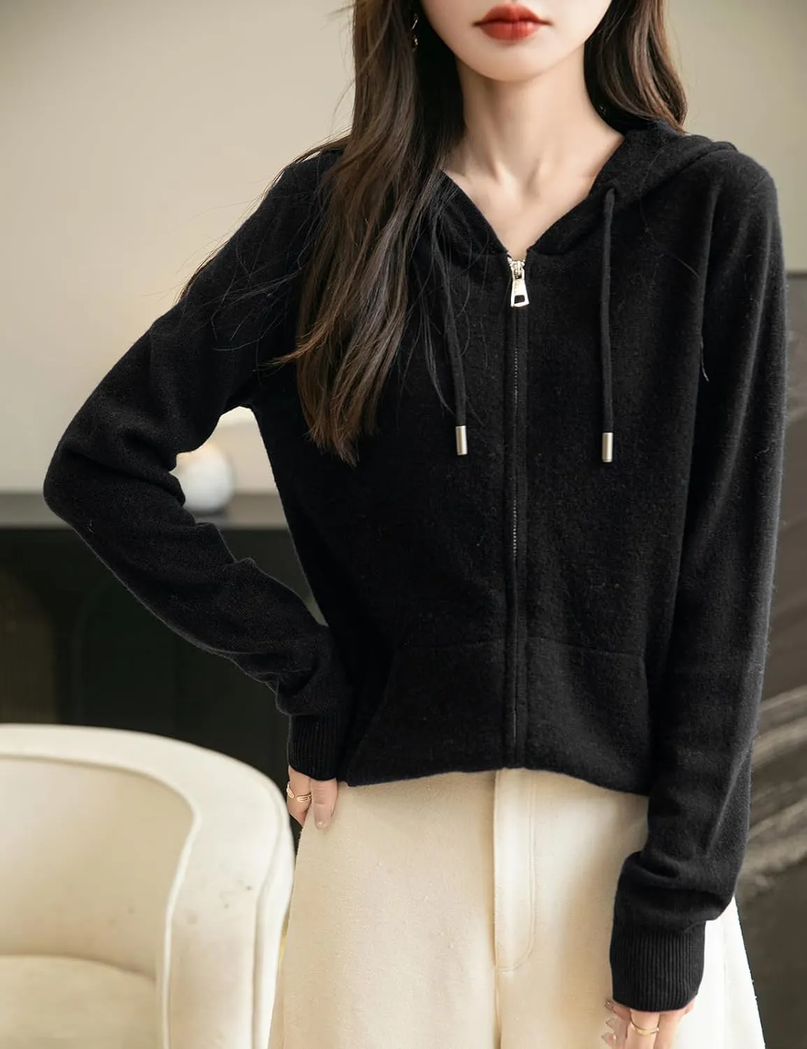 Women's 100% Merino Wool Zip Up Hoodies 2025 Fall Winter Warm Long Sleeve Knit Sweatshirt Cardigan with Pocket