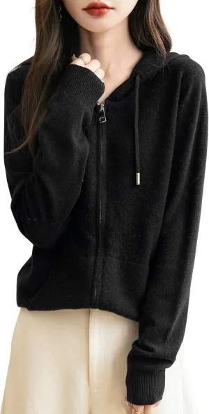 Women's 100% Merino Wool Zip Up Hoodies 2025 Fall Winter Warm Long Sleeve Knit Sweatshirt Cardigan with Pocket