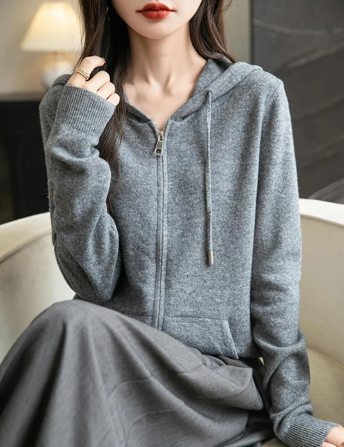 Women's 100% Merino Wool Zip Up Hoodies 2025 Fall Winter Warm Long Sleeve Knit Sweatshirt Cardigan with Pocket