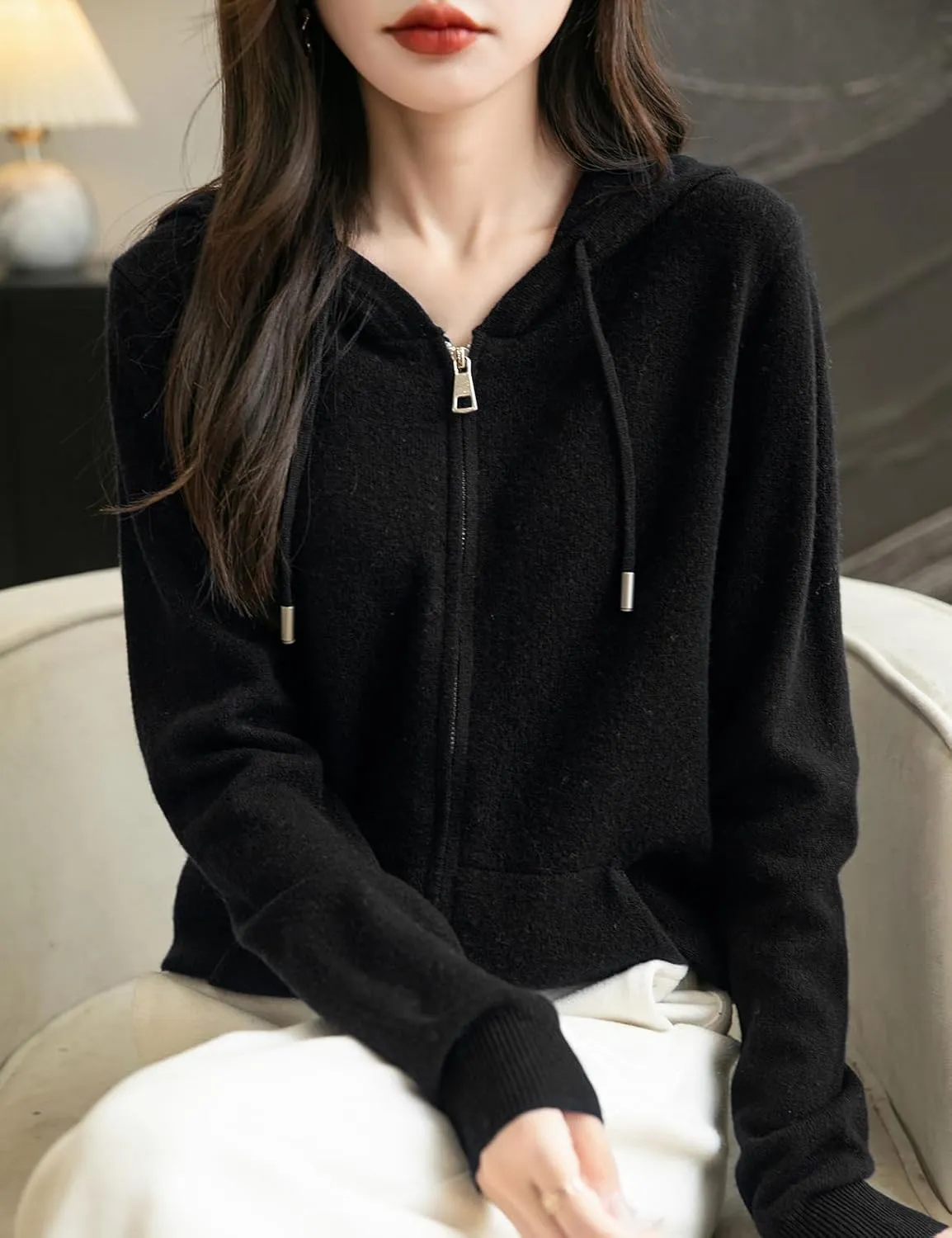 Women's 100% Merino Wool Zip Up Hoodies 2025 Fall Winter Warm Long Sleeve Knit Sweatshirt Cardigan with Pocket