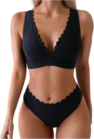 Women's 2 Piece Scallop Trim Bathing Suit V Neck High Cut Bikini Set Wireless Swimsuit