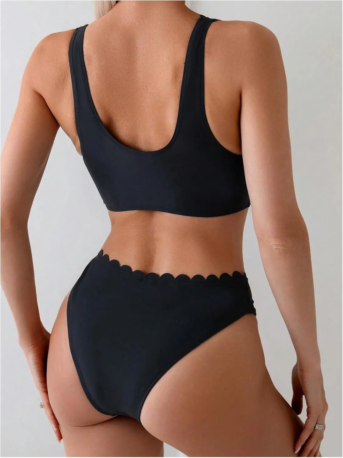 Women's 2 Piece Scallop Trim Bathing Suit V Neck High Cut Bikini Set Wireless Swimsuit