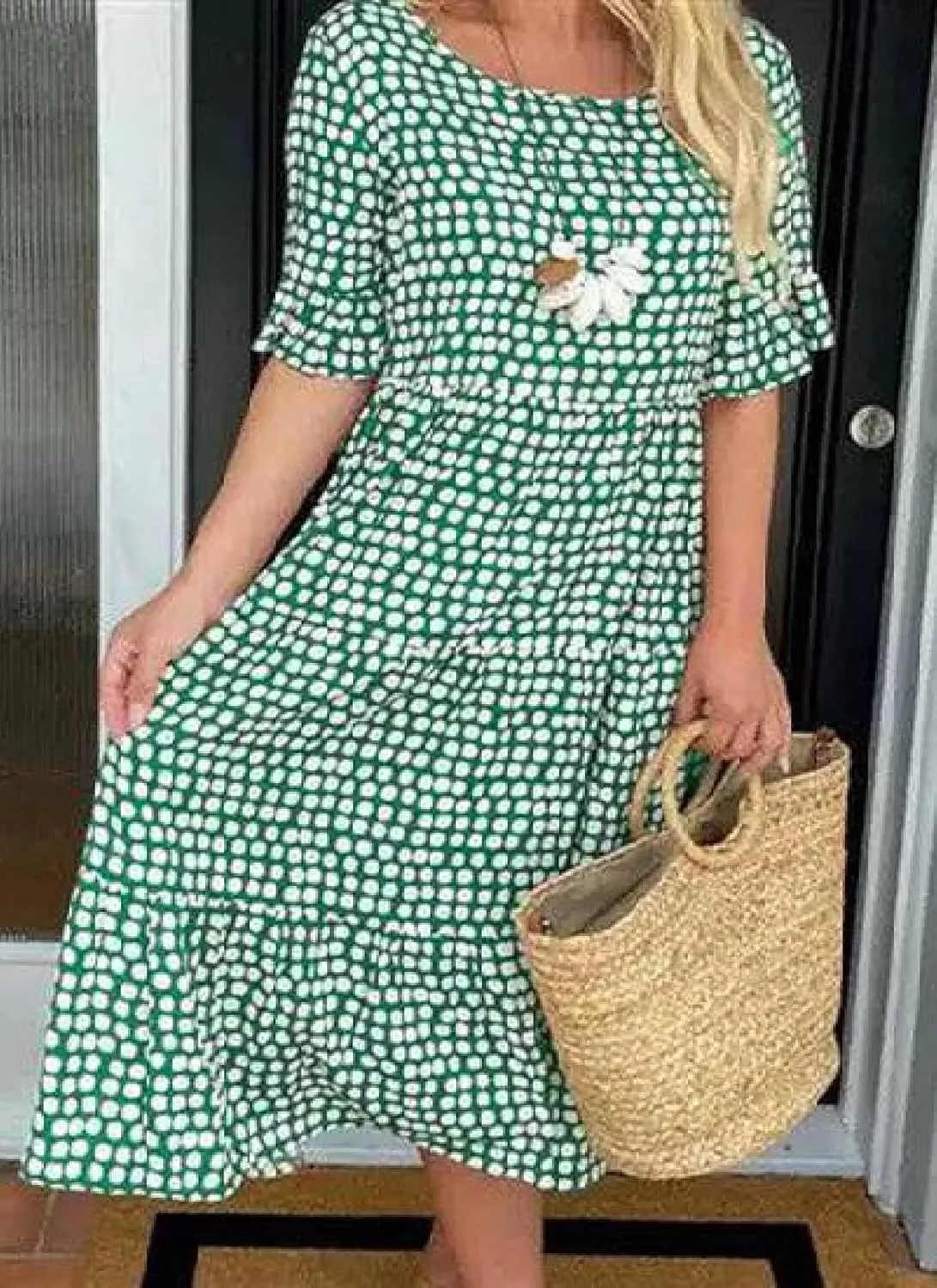 Women's 2025 Summer Fashion Green Polka Dot Printed Mini Dress Classic Round Neck A Line Slightly Pleated Hem Dress