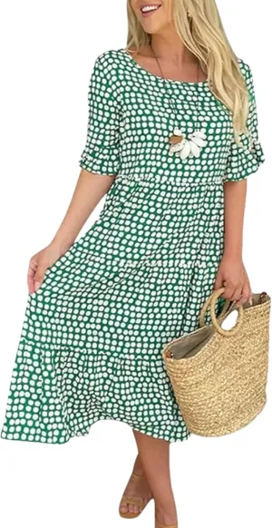 Women's 2025 Summer Fashion Green Polka Dot Printed Mini Dress Classic Round Neck A Line Slightly Pleated Hem Dress