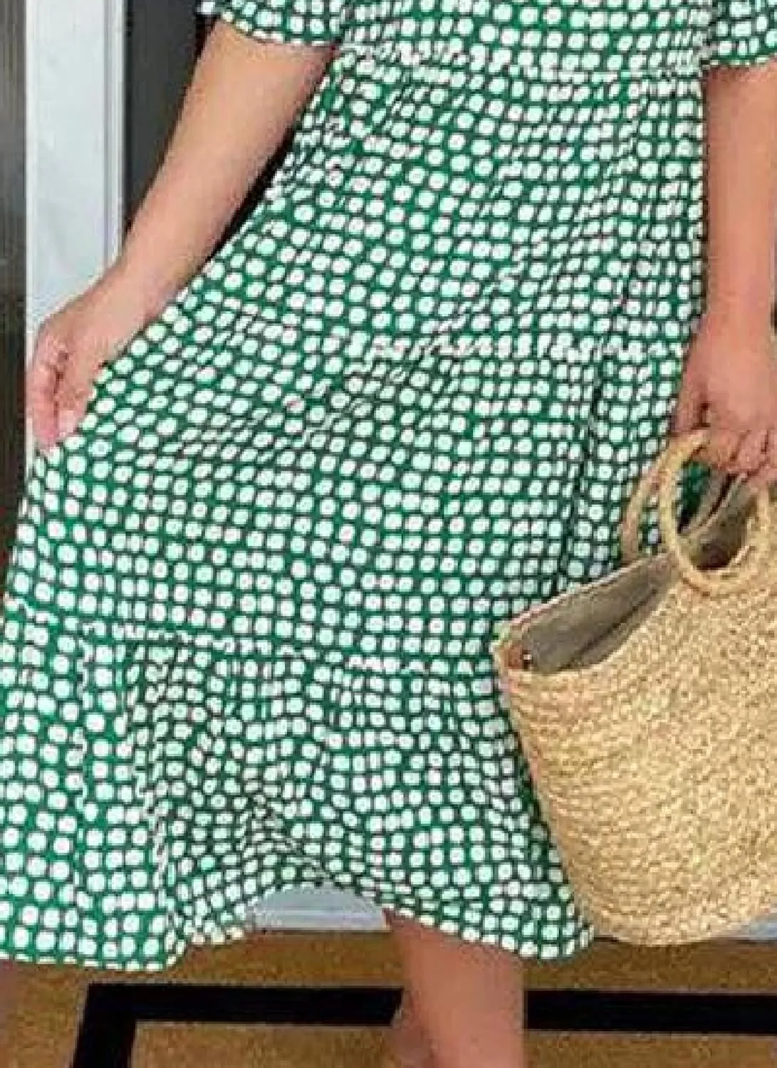 Women's 2025 Summer Fashion Green Polka Dot Printed Mini Dress Classic Round Neck A Line Slightly Pleated Hem Dress