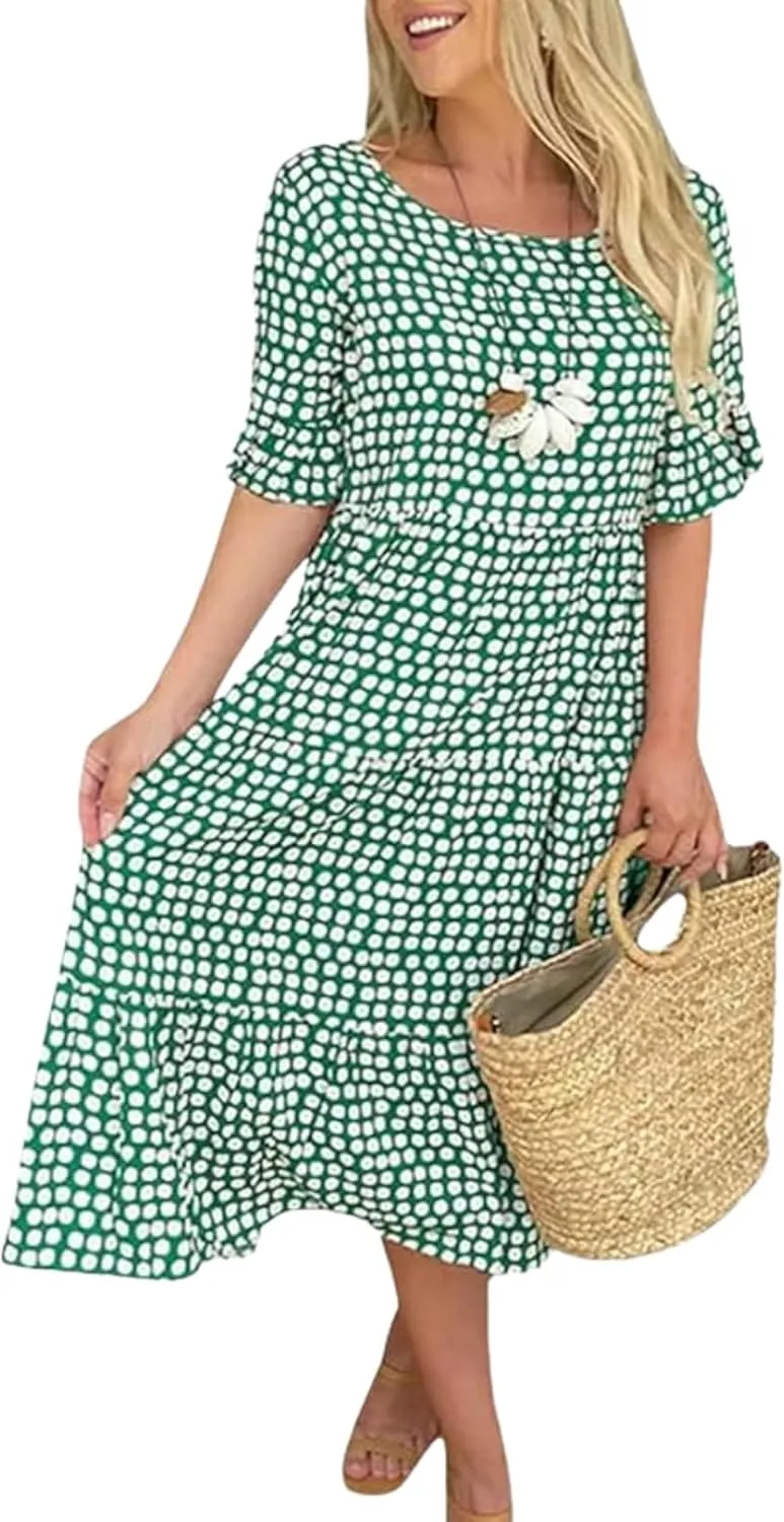 Women's 2025 Summer Fashion Green Polka Dot Printed Mini Dress Classic Round Neck A Line Slightly Pleated Hem Dress