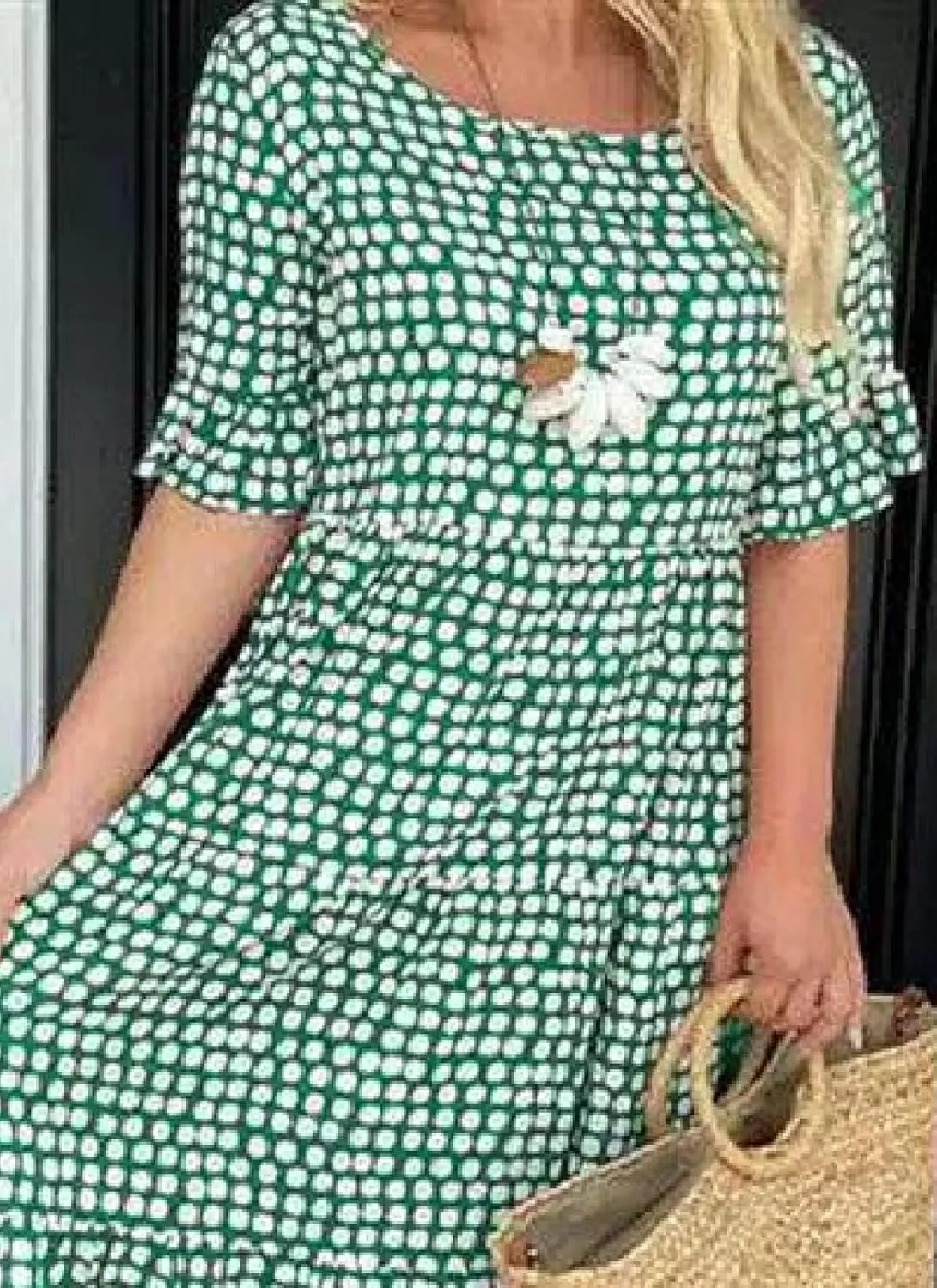 Women's 2025 Summer Fashion Green Polka Dot Printed Mini Dress Classic Round Neck A Line Slightly Pleated Hem Dress
