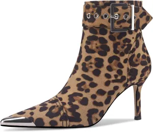 Women's Ankel Booties Metal Pointed Toe High Stilettos Heels Short Boots Belt Buckle Slide Zipper Trendey Show Dress Boots