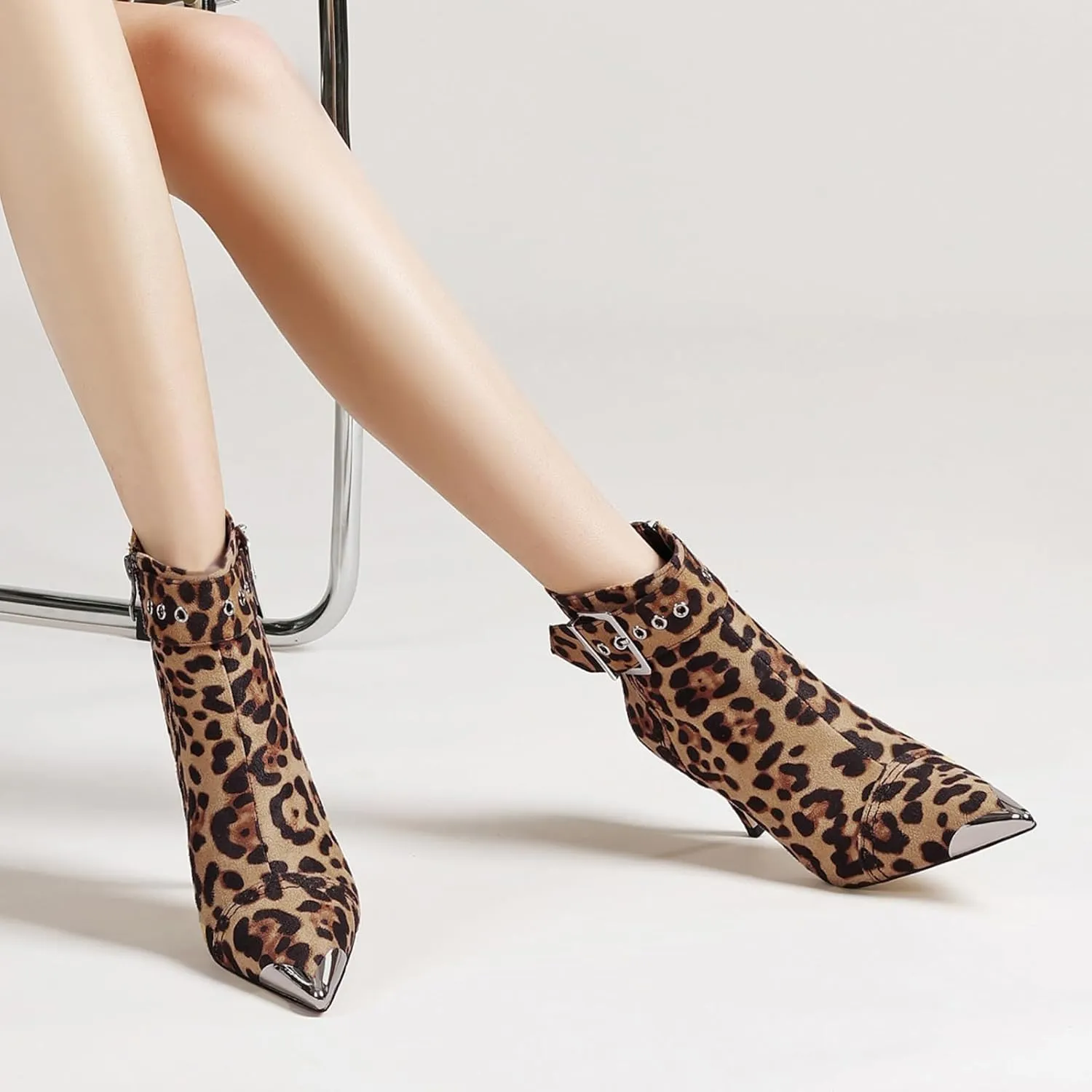 Women's Ankel Booties Metal Pointed Toe High Stilettos Heels Short Boots Belt Buckle Slide Zipper Trendey Show Dress Boots