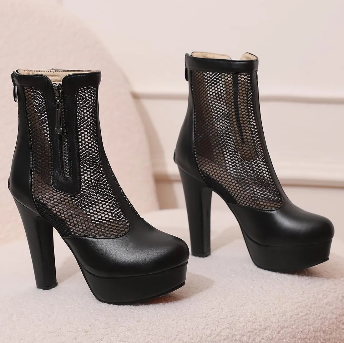 Women's Ankle Boots Mesh Platform Boots Chunky Block High Heel Sandals Round Toe Zipper Shoes
