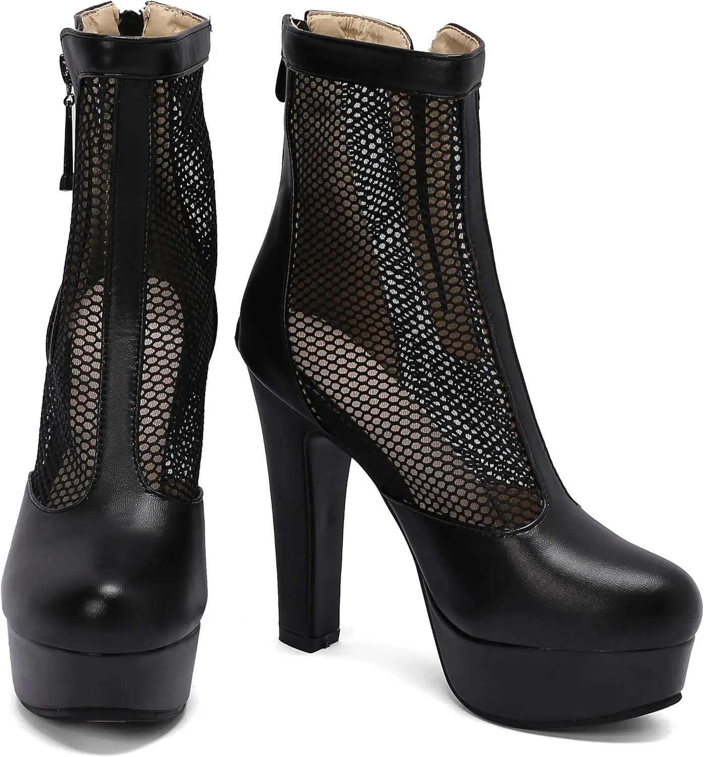 Women's Ankle Boots Mesh Platform Boots Chunky Block High Heel Sandals Round Toe Zipper Shoes