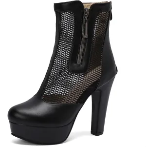 Women's Ankle Boots Mesh Platform Boots Chunky Block High Heel Sandals Round Toe Zipper Shoes