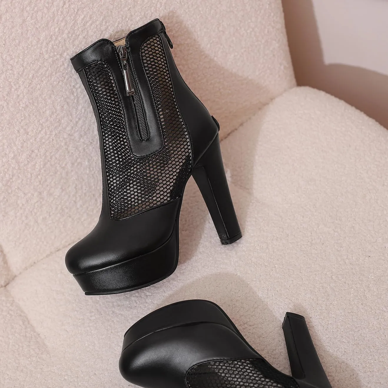 Women's Ankle Boots Mesh Platform Boots Chunky Block High Heel Sandals Round Toe Zipper Shoes