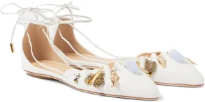 Women's Ankle Strap Ballet Flats Pointed Toe Lace Up Flat Sandals Boho Ruffle Beach Shoes White Leather Ballerina Shoes
