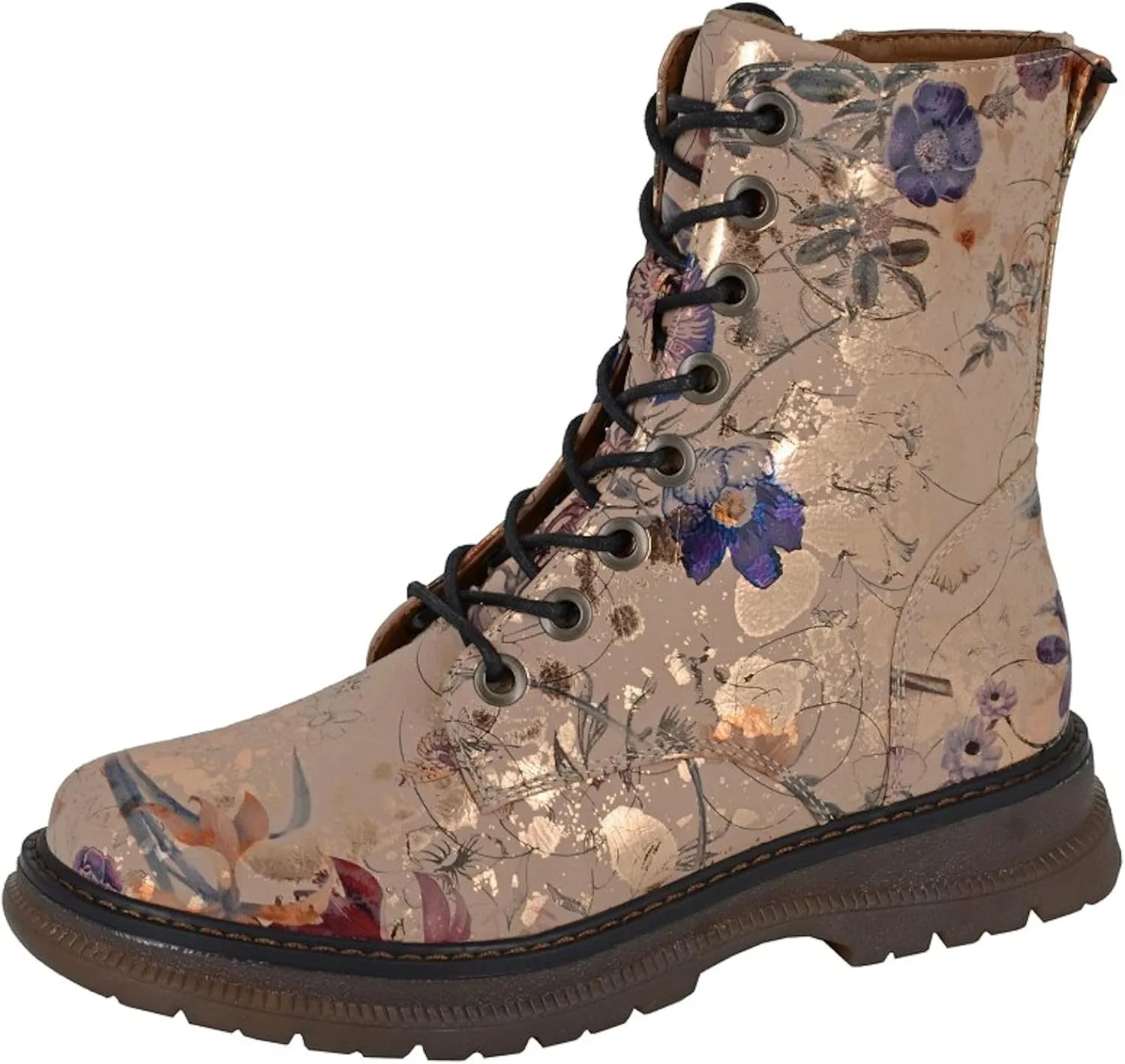 Womens Anneta 8 Eyelet Floral & Matallic Print Boots