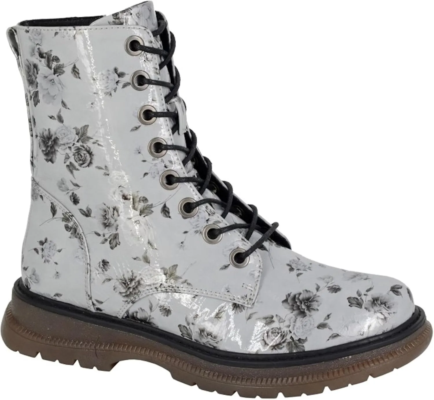 Womens Anneta 8 Eyelet Floral & Matallic Print Boots
