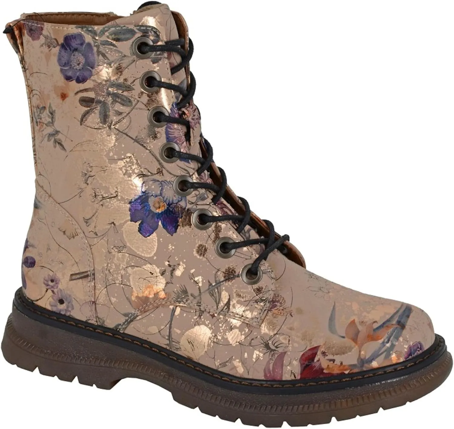 Womens Anneta 8 Eyelet Floral & Matallic Print Boots