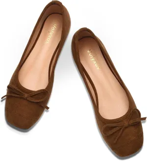 Women's Ballet Flats Cap Toe Bow Flats Two Tone Slip On Flats Comfort Square Toe Dressy Flat Shoes for Casual Work
