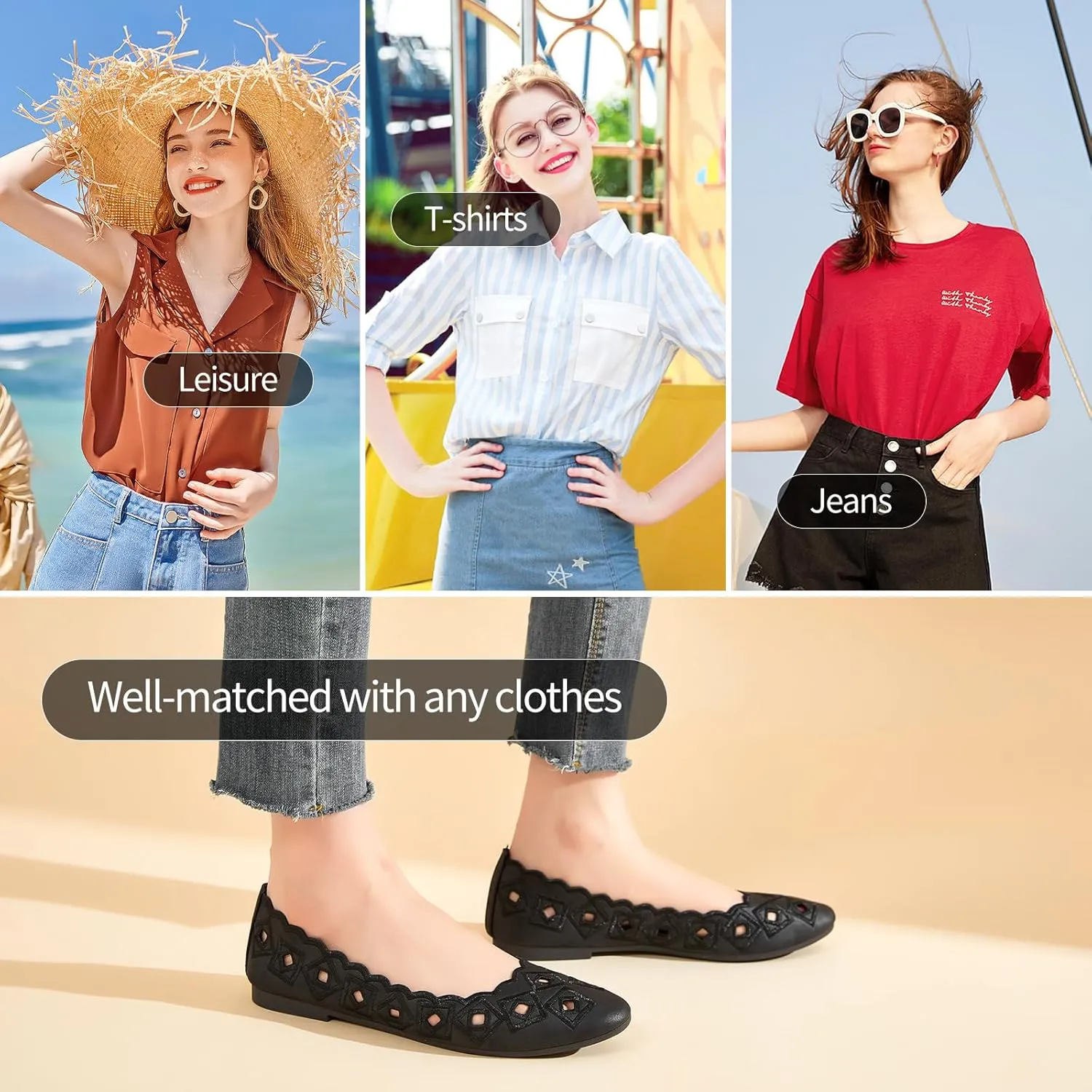 Women's Ballet Flats Shoes with Breathable Eyelet,Black and White Dress Shoes for Women,Soft Memoery Foam Flats for Women