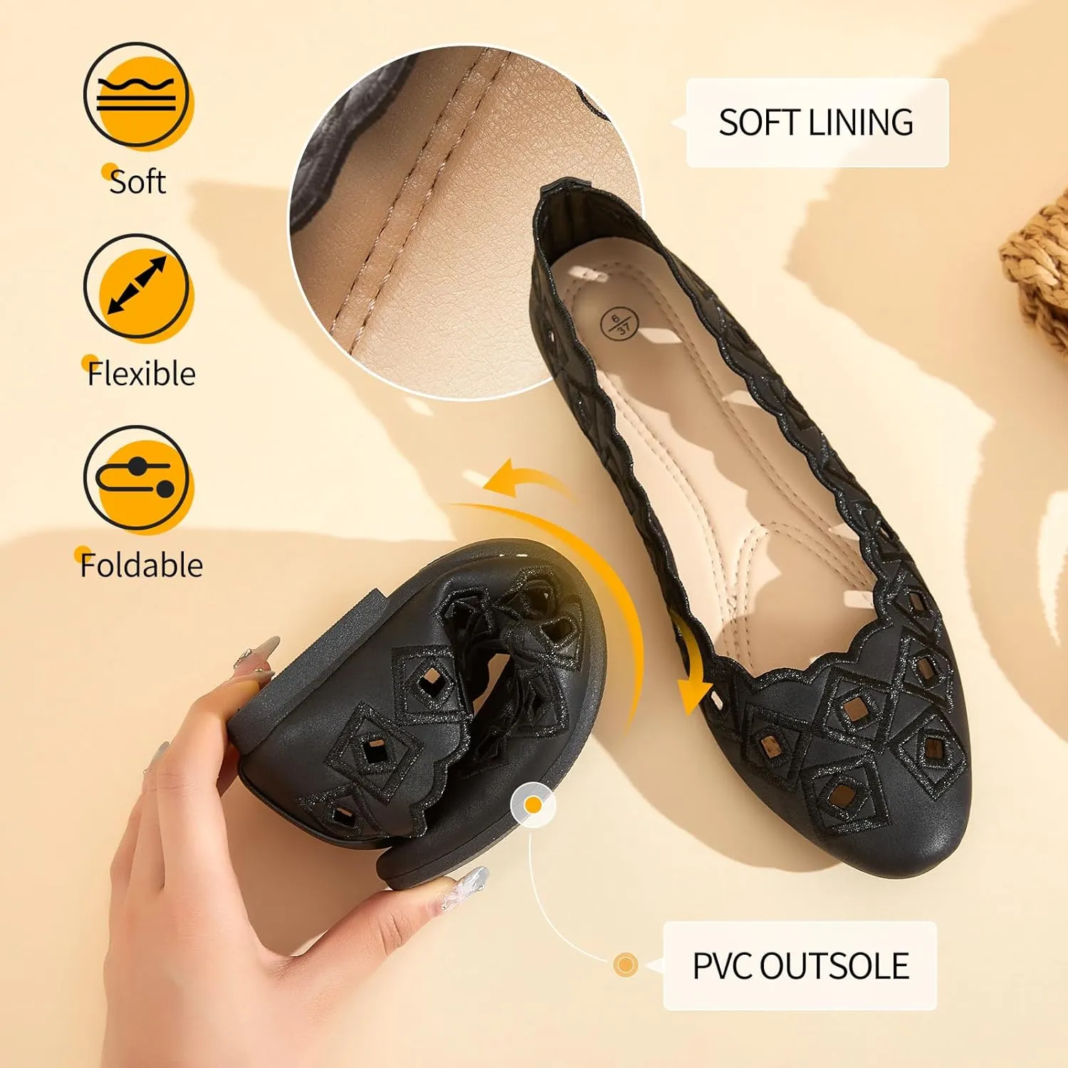 Women's Ballet Flats Shoes with Breathable Eyelet,Black and White Dress Shoes for Women,Soft Memoery Foam Flats for Women