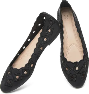 Women's Ballet Flats Shoes with Breathable Eyelet,Black and White Dress Shoes for Women,Soft Memoery Foam Flats for Women