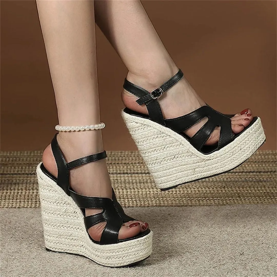 Women's Bohemian Rope Wedge Sandals With Ankle Strap Platform High Heel Casual Wedge Shoes