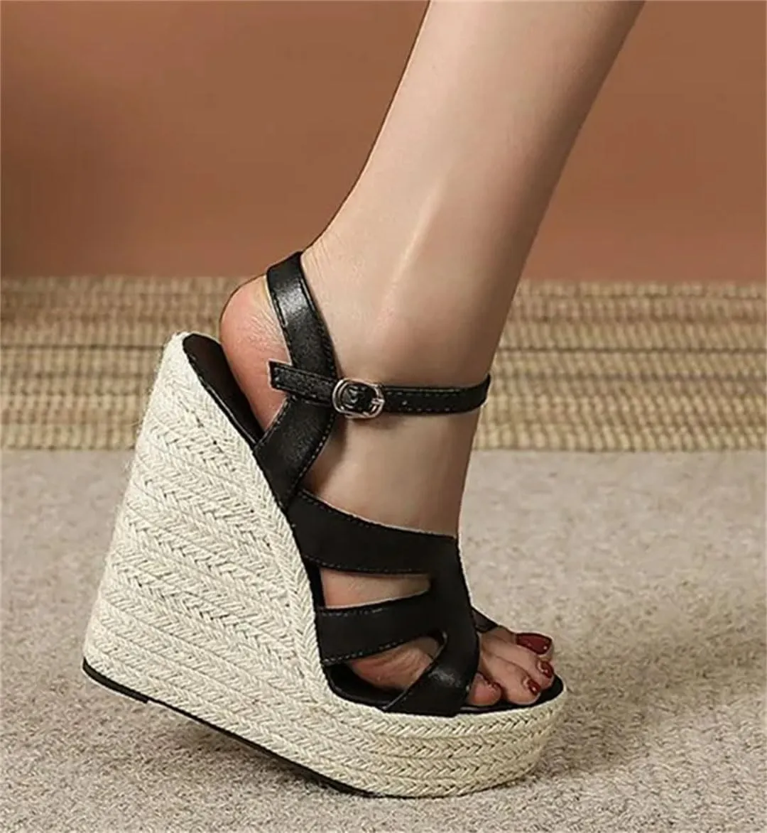 Women's Bohemian Rope Wedge Sandals With Ankle Strap Platform High Heel Casual Wedge Shoes