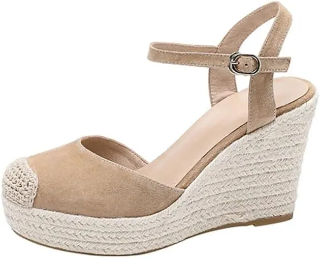 Women's Bohemian Wedge Sandals High Heels Peep Toe Ankle Strap Casual Wedge Shoes