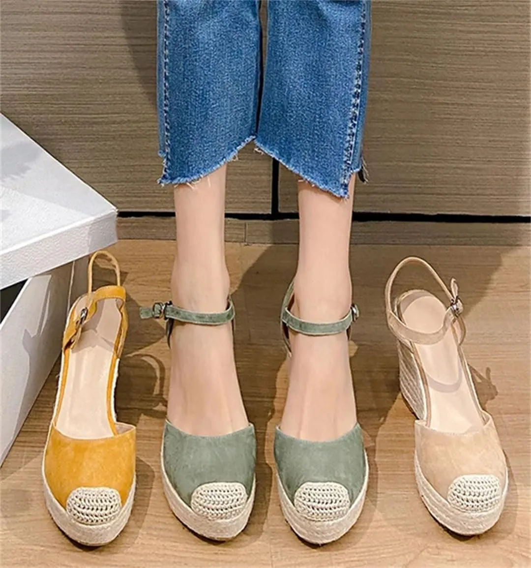 Women's Bohemian Wedge Sandals High Heels Peep Toe Ankle Strap Casual Wedge Shoes