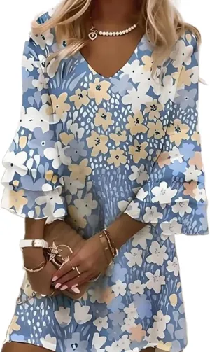 Women’s Boho Floral Print Tiered 3/4 Bell Sleeve Mini Dress V Neck Casual Flowy Beach Summer Short Dresses
