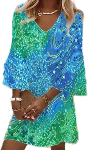 Women’s Boho Floral Print Tiered 3/4 Bell Sleeve Mini Dress V Neck Casual Flowy Beach Summer Short Dresses