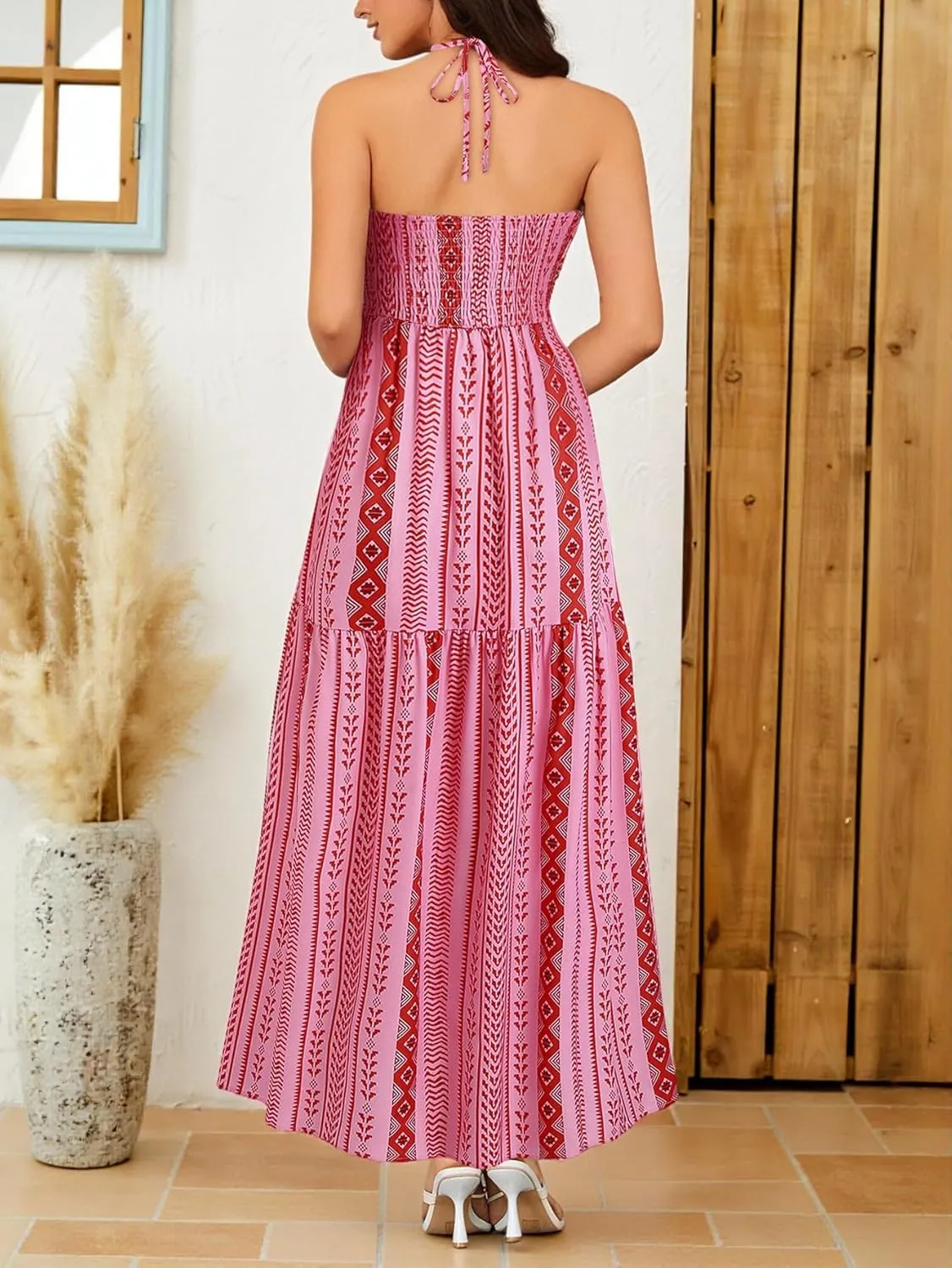 Women's Boho Halter Neck Maxi Dress Sleeveless High Slit Lace Up Beach Vacation Flowy Dresses