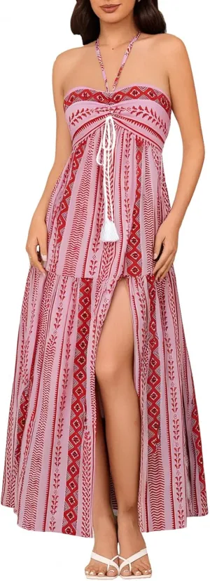 Women's Boho Halter Neck Maxi Dress Sleeveless High Slit Lace Up Beach Vacation Flowy Dresses