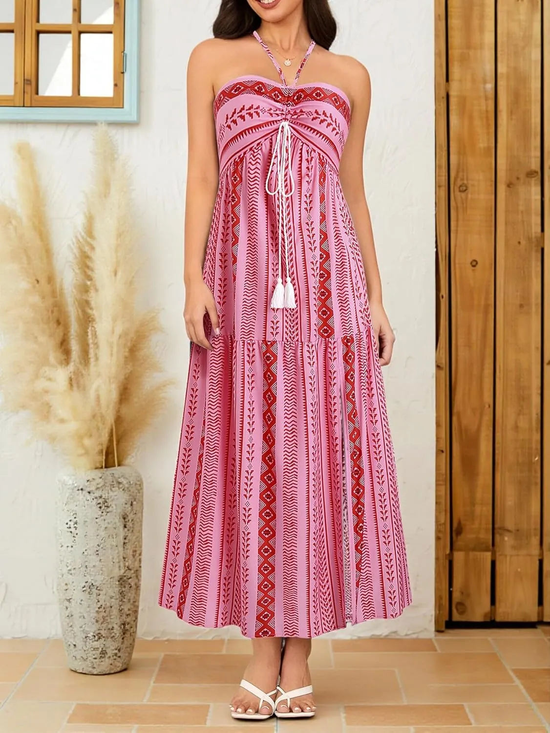 Women's Boho Halter Neck Maxi Dress Sleeveless High Slit Lace Up Beach Vacation Flowy Dresses
