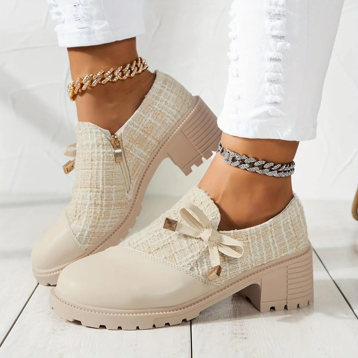 Women's Bow Embellished Chunky Chunky Heel Single Shoes,Side Zip Boots,Comfortable Ankle Boots