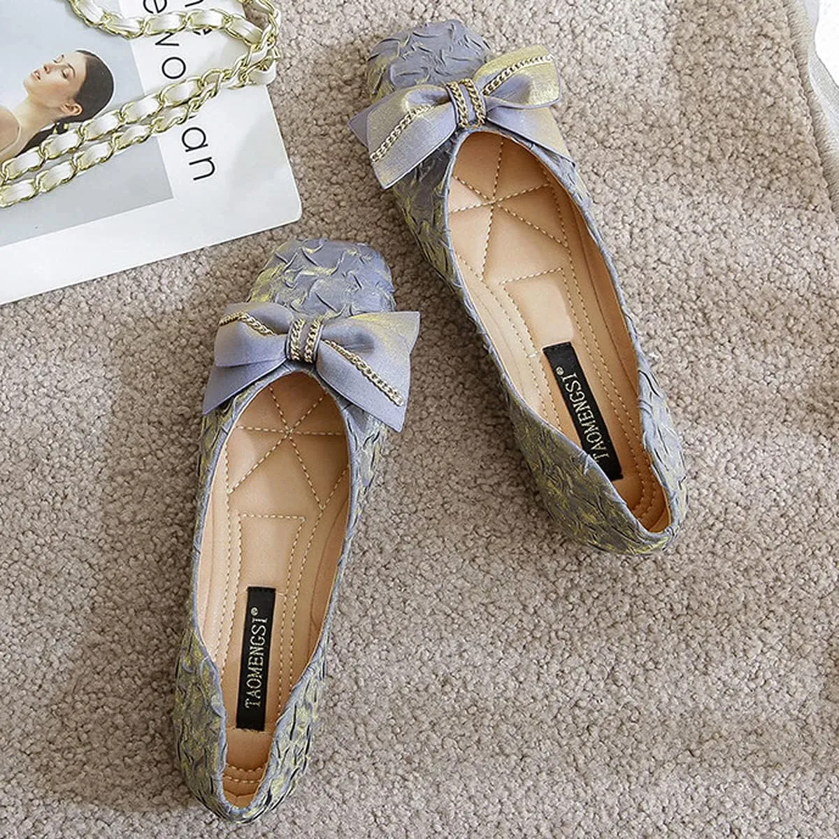 Women's Bowtie Square Toe Soft Slip On Wide Ballets Flats,Comfortable Fashion for Pregnant Woman Walking Shoes