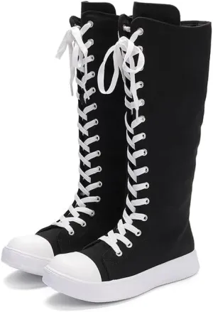 Women's Canvas Boots Knee High Platform Boots Women Lace Up Sneakers Boots Side Zip Canvas Shoes Dance Boots