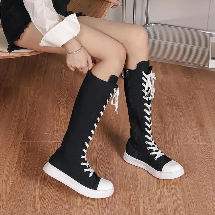 Women's Canvas Boots Knee High Platform Boots Women Lace Up Sneakers Boots Side Zip Canvas Shoes Dance Boots