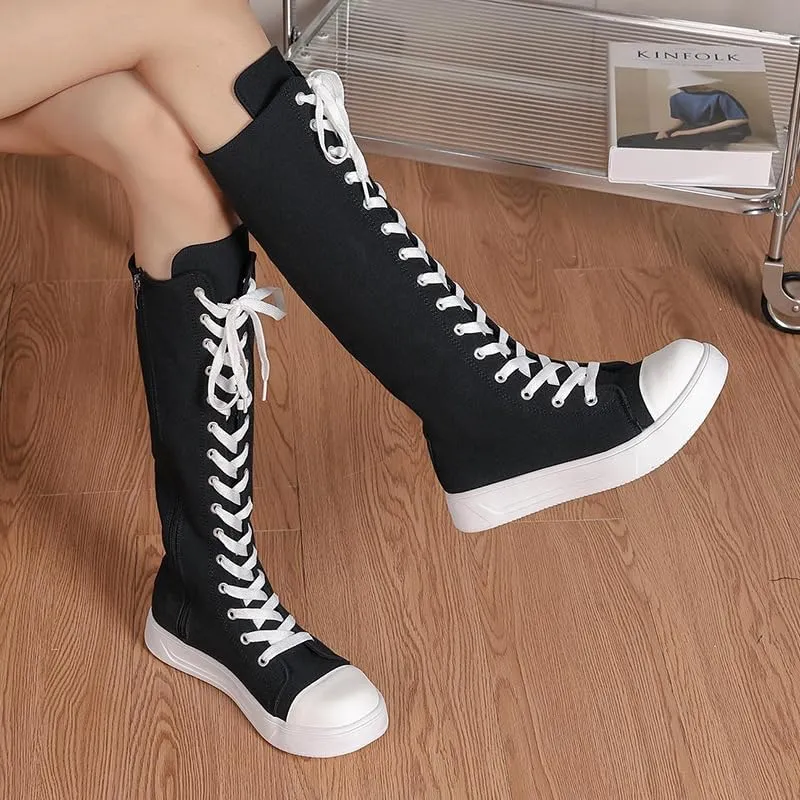 Women's Canvas Boots Knee High Platform Boots Women Lace Up Sneakers Boots Side Zip Canvas Shoes Dance Boots
