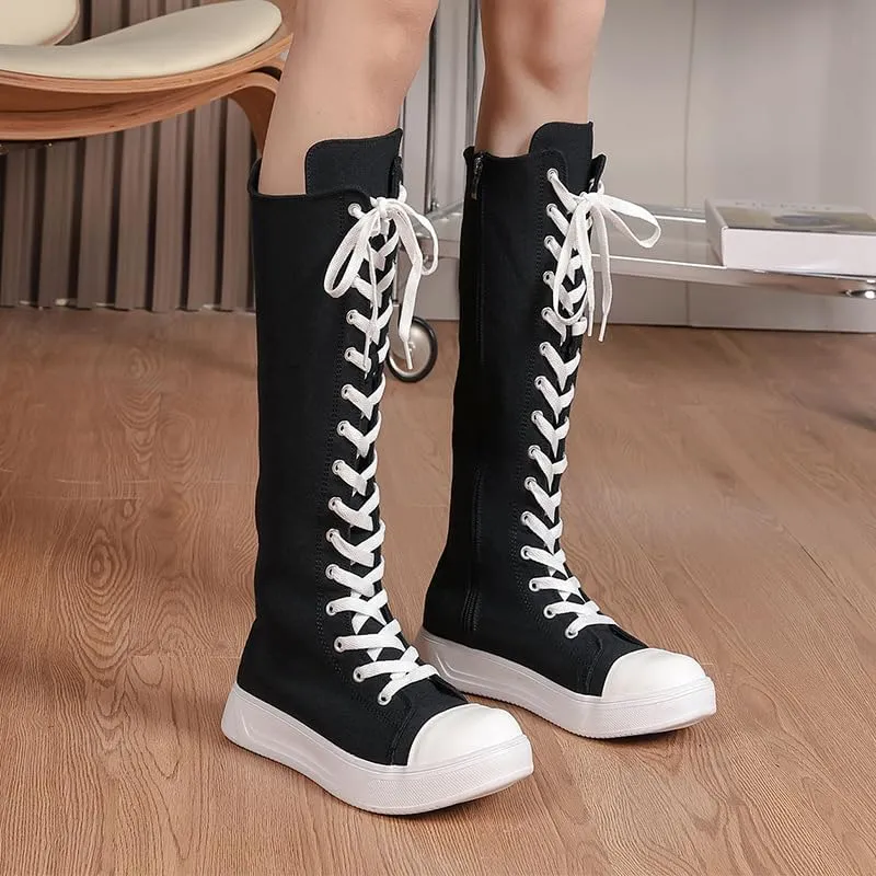 Women's Canvas Boots Knee High Platform Boots Women Lace Up Sneakers Boots Side Zip Canvas Shoes Dance Boots