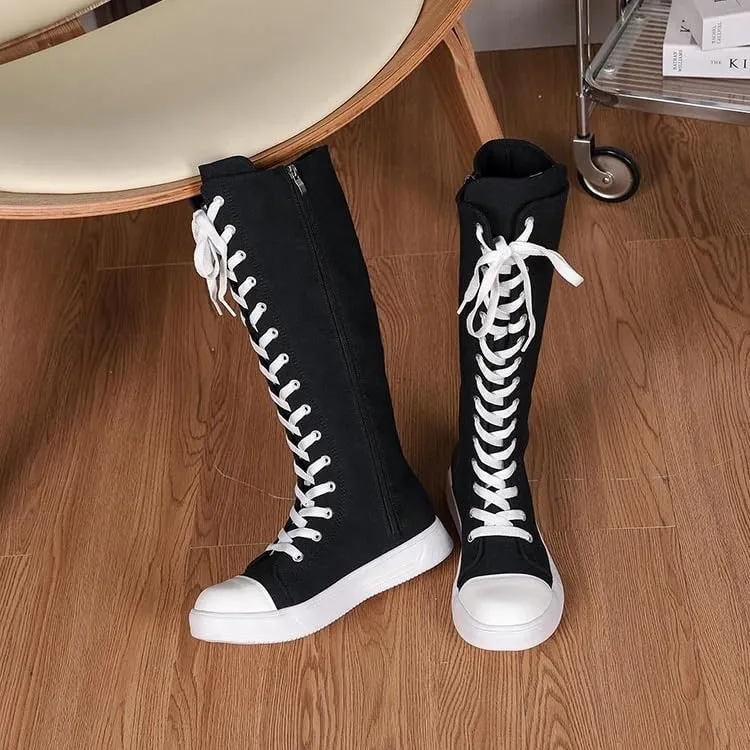 Women's Canvas Boots Knee High Platform Boots Women Lace Up Sneakers Boots Side Zip Canvas Shoes Dance Boots