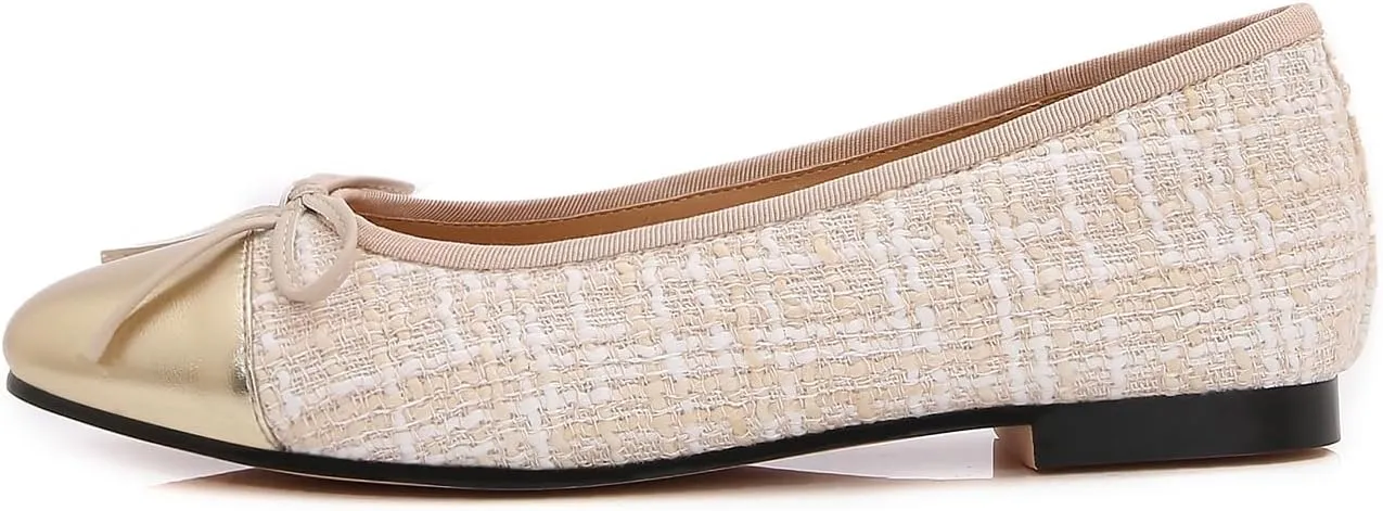 Women's Cap Toe Ballet Flats Two Tone Bow Flats Round Toe Shoes for Women Slip on Casual, Work, Dress Flats Pumps for Women