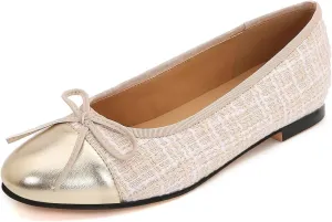 Women's Cap Toe Ballet Flats Two Tone Bow Flats Round Toe Shoes for Women Slip on Casual, Work, Dress Flats Pumps for Women